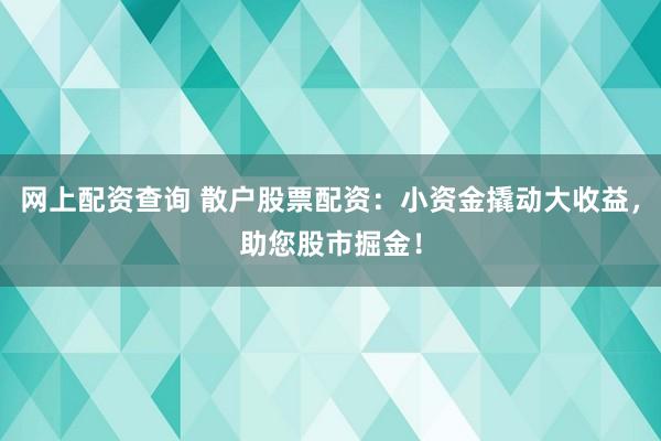 网上配资查询 散户股票配资：小资金撬动大收益，助您股市掘金！